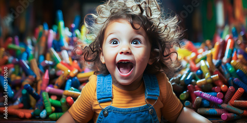 Joyful preschooler, ecstatic with multicolor crayons in hand, exuding euphoria and delight in a vibrant kindergarten classroom setting. photo
