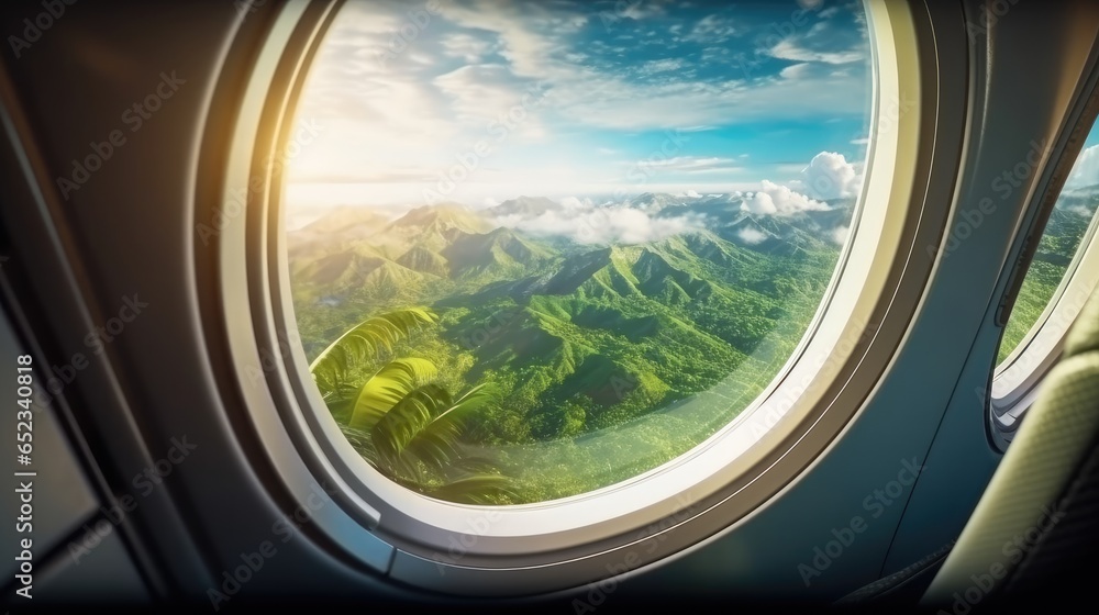 Airplane window side view with a view of nature