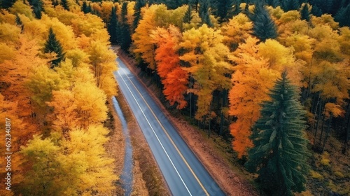 Aerial view of a straight road alongside fall and autumn colour forest and trees