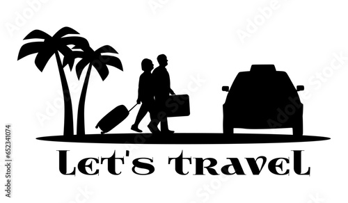  Traveler full body silhouette. Elderly couple, seniors with suitcase, tourists, palm trees, taxi car transport, travel. Black vector illustrations isolated on white background illustration.