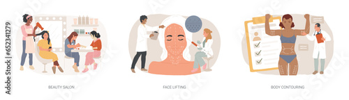 Aesthetic services isolated concept vector illustration set. Beauty salon, face lifting, body contouring, make up and hair stylist, anti age treatment, plastic body correction vector concept.