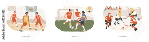 Team sport isolated concept vector illustration set. Basketball and soccer, ice hockey, tournament winner cup, professional college sports team, play ball, game championship vector concept.