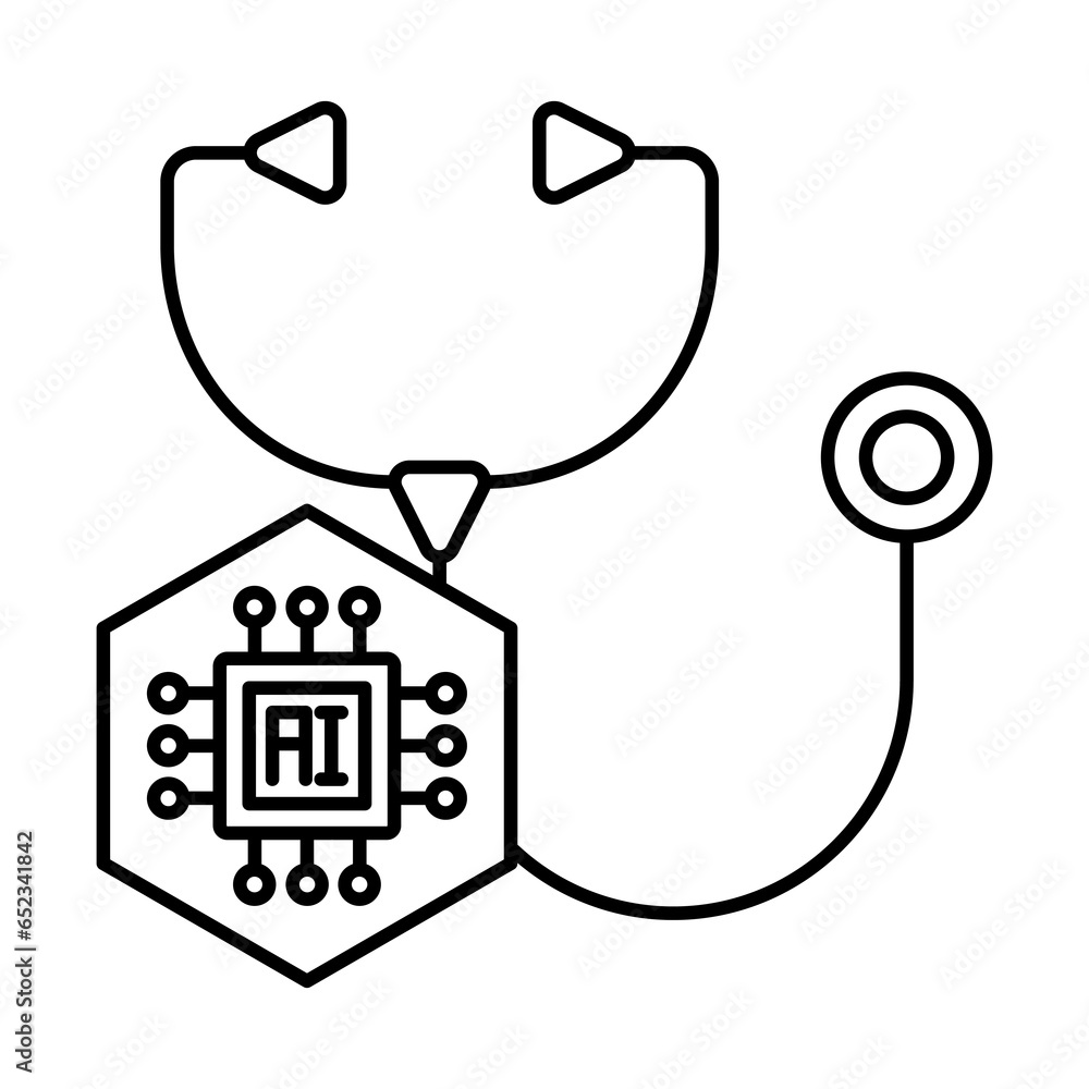 outline stethoscope and AI icon on white background with editable stroke, icon design for apps, presentation, banner, sign, symbol, logo. icon concept. vector illustration. outline stethoscope and AI icon on white background with editable stroke, icon design for apps, presentation, banner, sign, symbol, logo. icon concept. vector illustration.
