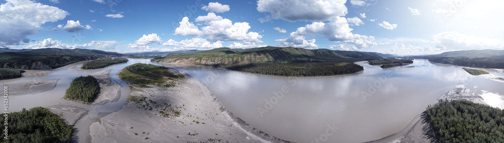 epic aerial panorama view of Yukon river, off the beaten track in the wilderness of Canada