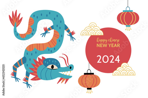 Chinese New Year holiday cute background. Happy New Year of the Dragon 2024. Hand drawn print for cards, stickers, background and poster. Vector illustration