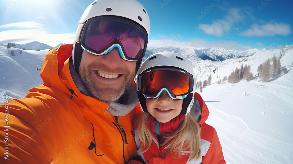 Happy family in winter clothing at the ski resort, winter time, watching at mountains Happy family in winter clothing at the ski resort, winter time, watching at mountains