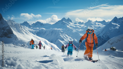 People observing mountain scenery. people stay in front of scenic landscape. These are skiers, they dressed in winter sport jackets and have skies attached.