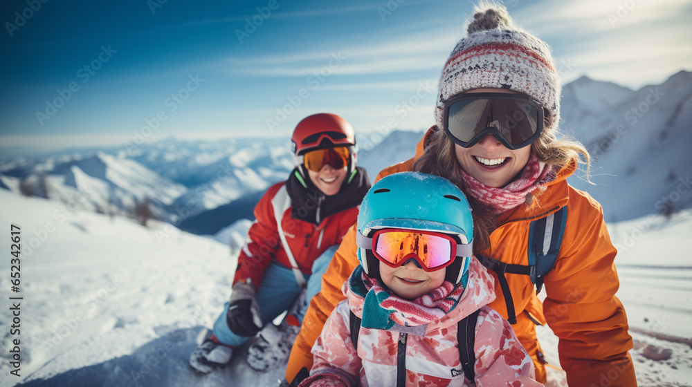 Happy family in winter clothing at the ski resort, winter time, watching at mountains - obrazy, fototapety, plakaty 