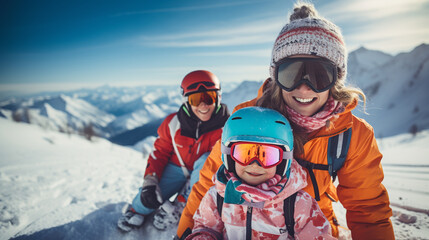 Happy family in winter clothing at the ski resort, winter time, watching at mountains