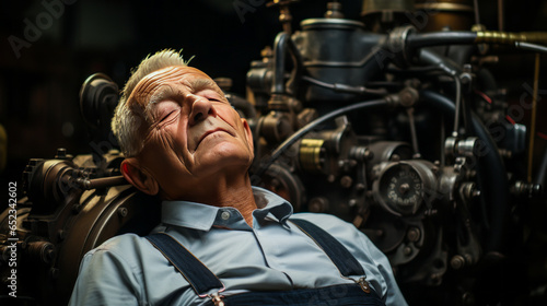 Enchanting elderly man in workshop, eyes closed, immersed in the musicality of classic car engine against a plain backdrop.