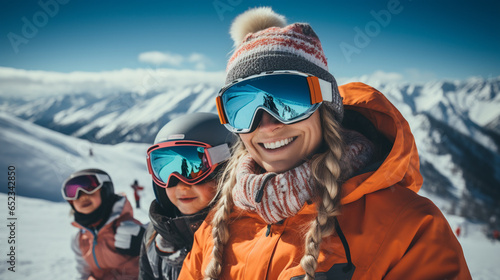 Happy family in winter clothing at the ski resort, winter time, watching at mountains
