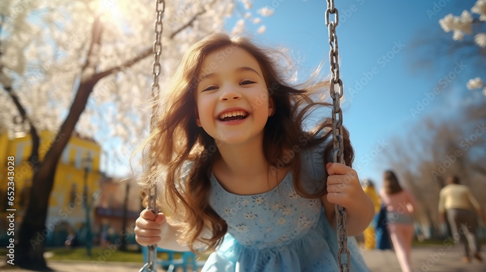 A girl has fun riding a swing on a park playground. Smiling, happy. Generative AI A girl has fun riding a swing on a park playground. Smiling, happy. Generative AI
