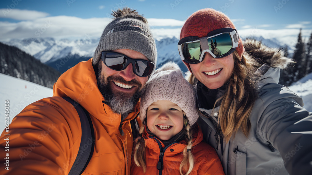 Portrait of a sporting family in equipment at a ski resort Portrait of a sporting family in equipment at a ski resort