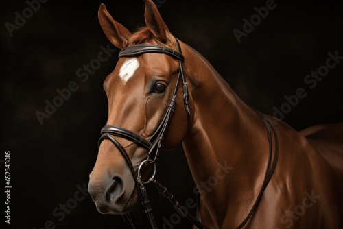 English Horse Ready for Show. Equine with Bridle and Saddle in Hunter Style Tack, Holding the Rein Firmly. Quarter Horse for English Riding