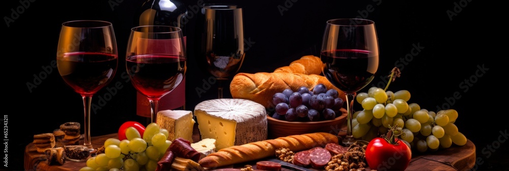 Wine and Cigar on Barrel with Food - Perfect Pairing of Red Wine and Brandy with Cheese and Cigar on Black Background