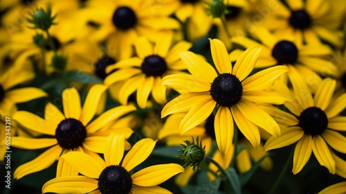 Yellow Black-Eyed Susan Flower on Green Background with Black Accents