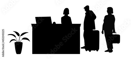A elderly couple check in or check out at the hotel reception. Traveler full body silhouettes. Elderly couple, receptionist, seniors with suitcase, tourist, voyage. Black vector illustration.