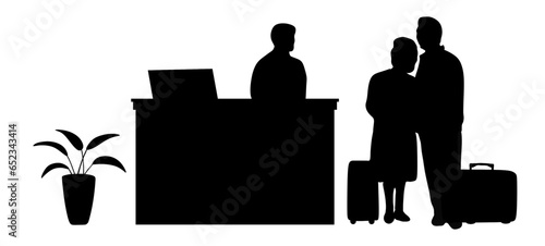  A elderly couple check in or check out at the hotel reception. Traveler full body silhouettes. Elderly couple, receptionist, seniors with suitcase, tourist, travel. Black vector illustration.