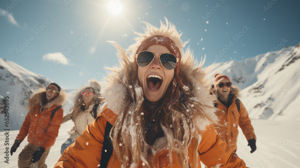 winter, extreme sport and people concept - happy friends having fun on the snow and making selfie. - obrazy, fototapety, plakaty 
