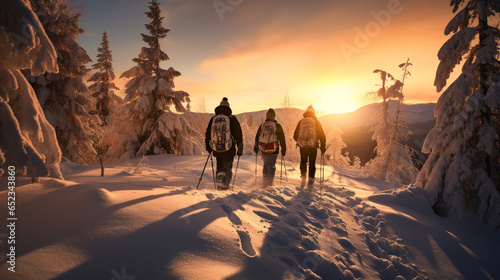 Group of tourists trekking on glacier in dense dangerous.