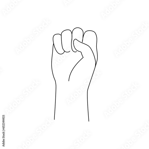 Isolated Hand gesture fist up. Vector illustration black and white. Hand raise with clenched fist.