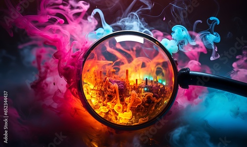 magnifying glass photography filled with smoke and neon splashes