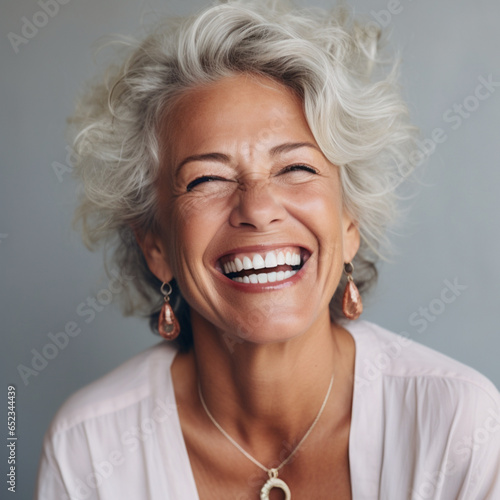 close up of old female model laughing showing perfect teeth, looking at the camera 