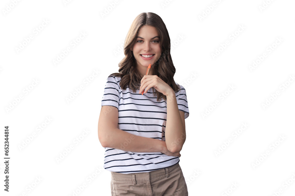 Attractive business woman looking at camera and smiling while standing on a transparent background Attractive business woman looking at camera and smiling while standing on a transparent background
