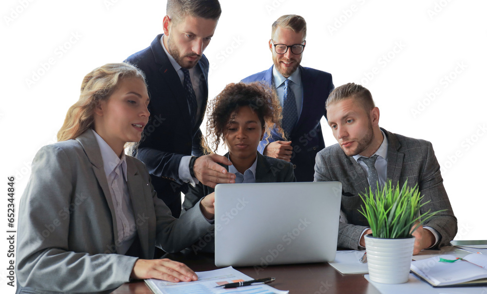 Group of young modern people in formalwear smiling and discussing something while working on a transparent background Group of young modern people in formalwear smiling and discussing something while working on a transparent background