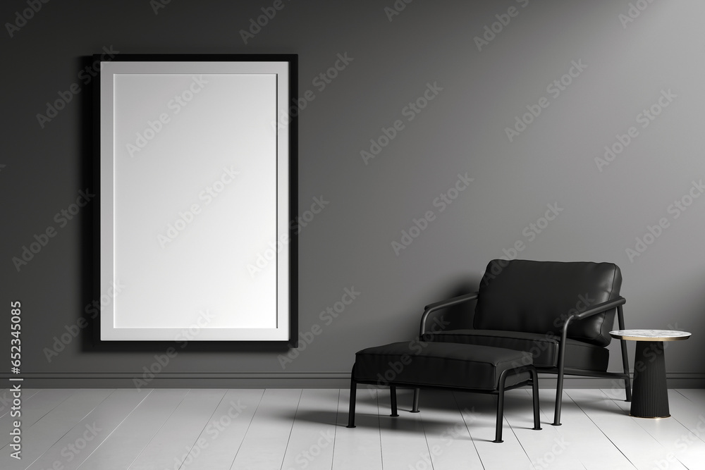 Black armchair and poster frame against empty wall background. Minimalist style home interior design of modern living room. 3d rendering. Black armchair and poster frame against empty wall background. Minimalist style home interior design of modern living room. 3d rendering.