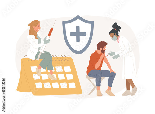 Immunization schedule isolated concept vector illustration. Prevention care schedule, infectious diseases prevention, children vaccination plan, adult immunization calendar vector concept.