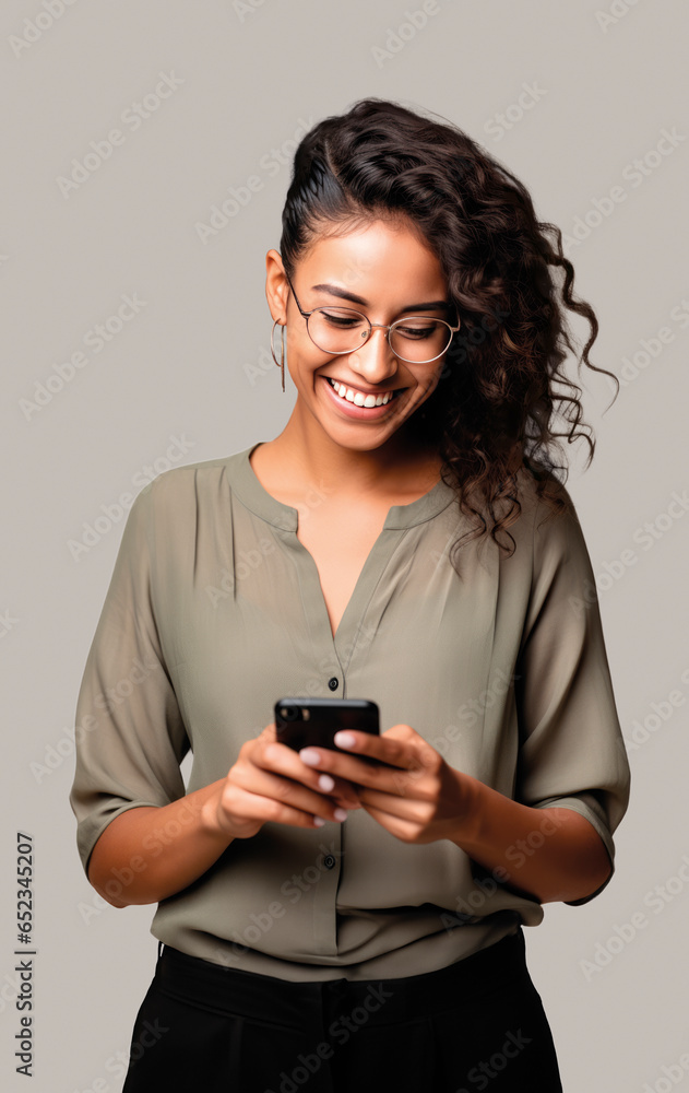 woman of color with curly hair looking at her smartphone woman of color with curly hair looking at her smartphone