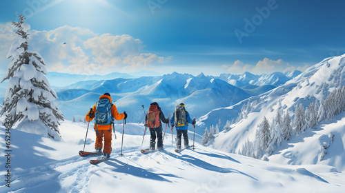 People observing mountain scenery. people stay in front of scenic landscape. These are skiers, they dressed in winter sport jackets and have skies attached.