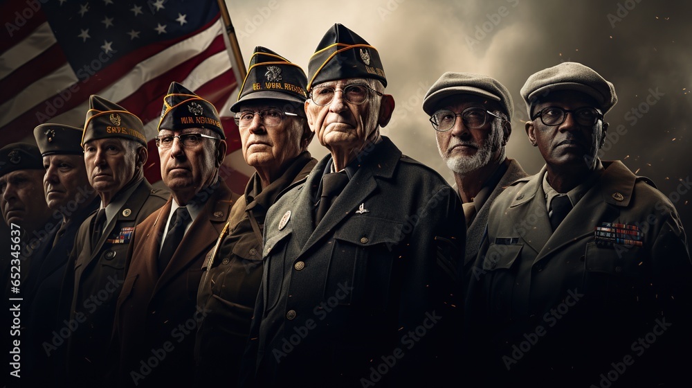A heartening depiction of veterans from various branches of the military, standing proudly with medals A heartening depiction of veterans from various branches of the military, standing proudly with medals