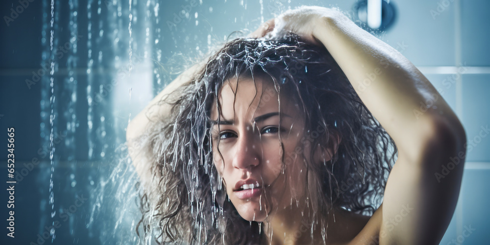 Fototapeta premium Captivating image of a young woman washing her hair under the shower jet, water cascading through her strands, splashing around the bathroom.