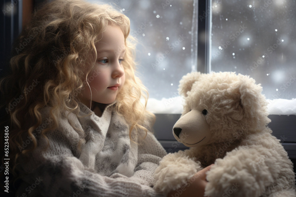 A cute little girl with curly blonde hair sits with her teddy bear by the window. It's snowing outside. A cute little girl with curly blonde hair sits with her teddy bear by the window. It's snowing outside.