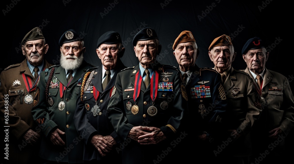 A heartening depiction of veterans from various branches of the military, standing proudly with medals A heartening depiction of veterans from various branches of the military, standing proudly with medals