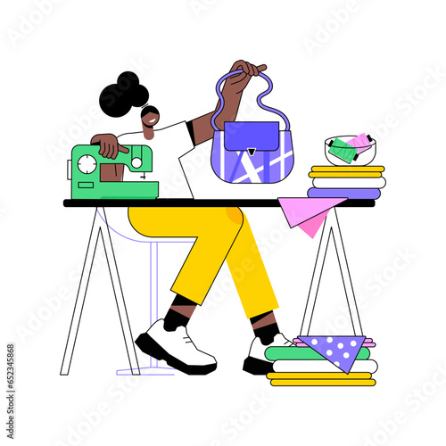 Handmade bags isolated cartoon vector illustrations. Smiling woman with handcraft bag, accessories made from recycled materials, small business, fashion industry, upcycling idea vector cartoon.