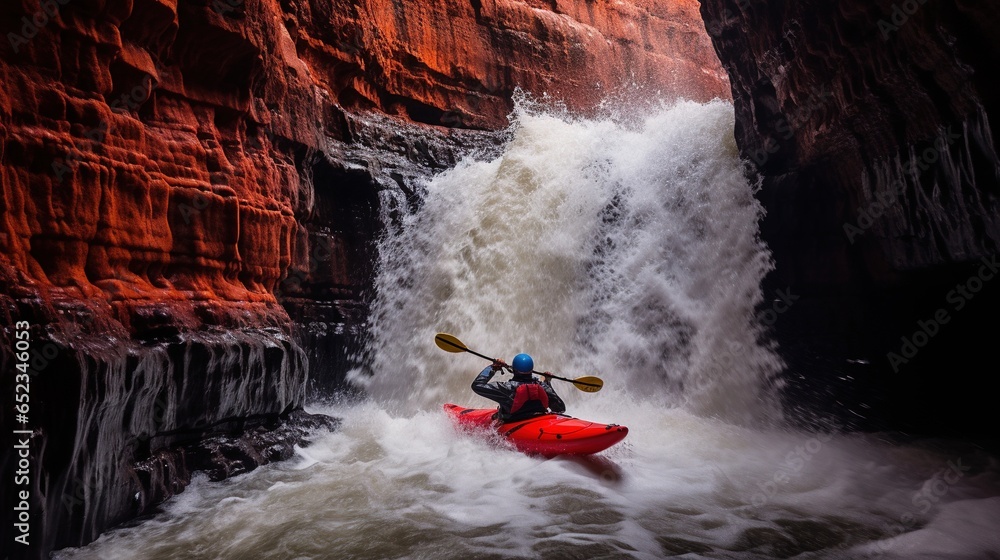 Generative AI, kayak raft river waterfall, extreme sport concept, whitewater kayaking