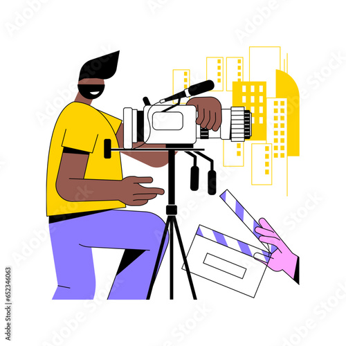 Videographer isolated cartoon vector illustrations. Man using camera, video making, filming event, production service, small business, self-employed specialist, freelance work vector cartoon.