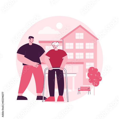 Care for the elderly abstract concept vector illustration. Eldercare, senior homesick nursing, care services, happy on wheelchair, home support, retired people, nursing home abstract metaphor.