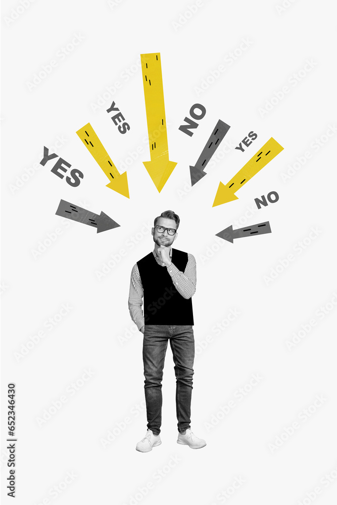 Creative abstract template graphics collage image of doubtful undecided guy thinking yes no isolated white color background Creative abstract template graphics collage image of doubtful undecided guy thinking yes no isolated white color background