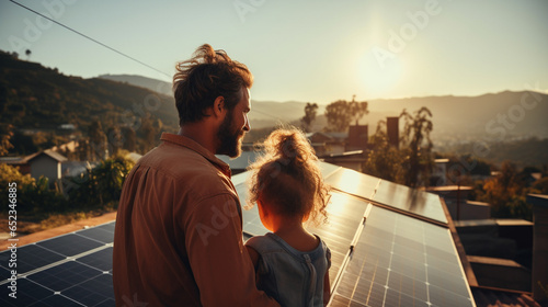 Father with his little daughter near their house with solar panels. Alternative energy, saving resources and sustainable lifestyle concept photo