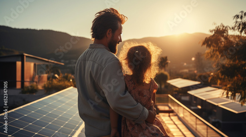 dad holding her little girl in arms and showing at their house with installed solar panels. Alternative energy, saving resources and sustainable lifestyle concept. photo
