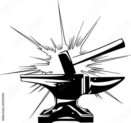 
a large blacksmith's hammer strikes the anvil
