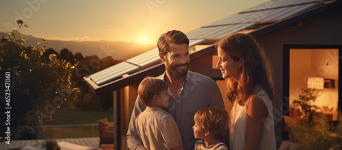 Happy family is standing near their modern house, smiling