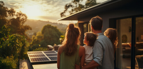 Happy family near their house with solar panels. Alternative energy source.
