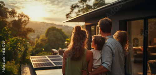 Happy family near their house with solar panels. Alternative energy source.