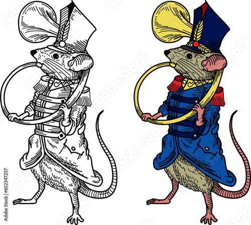 a mouse in the form of an 18th century soldier plays a trumpet
