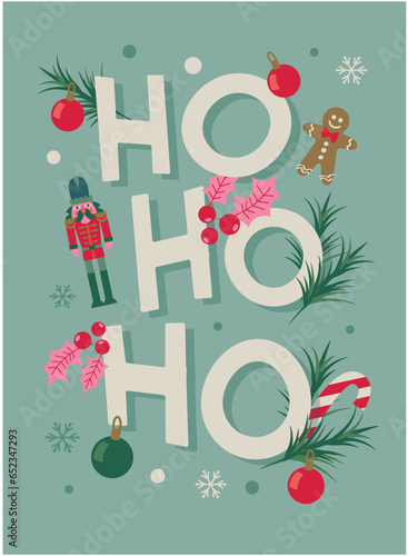 Saying ho ho ho. Lettering for Chritsmas. Gretting card. Vector illustration. Flat design with christmas icons and ornaments. Vertical Banner.